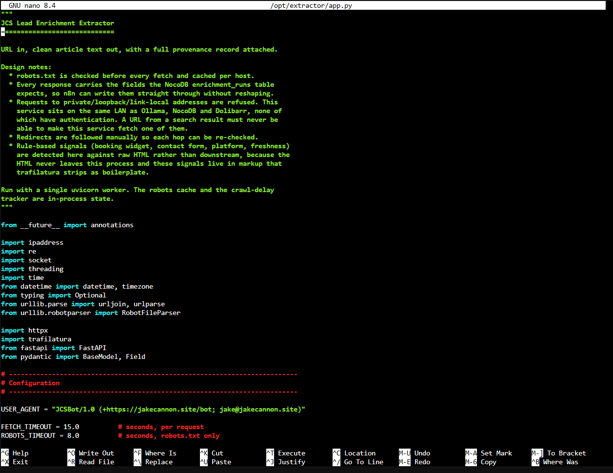Python source for the extractor, showing the contact-link follow and the signal merge across both fetched pages