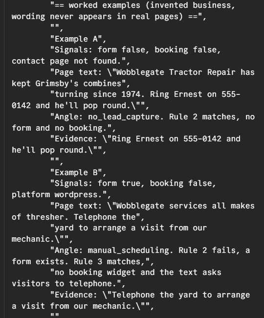 The system prompt node, with the rewritten worked examples built around an invented business